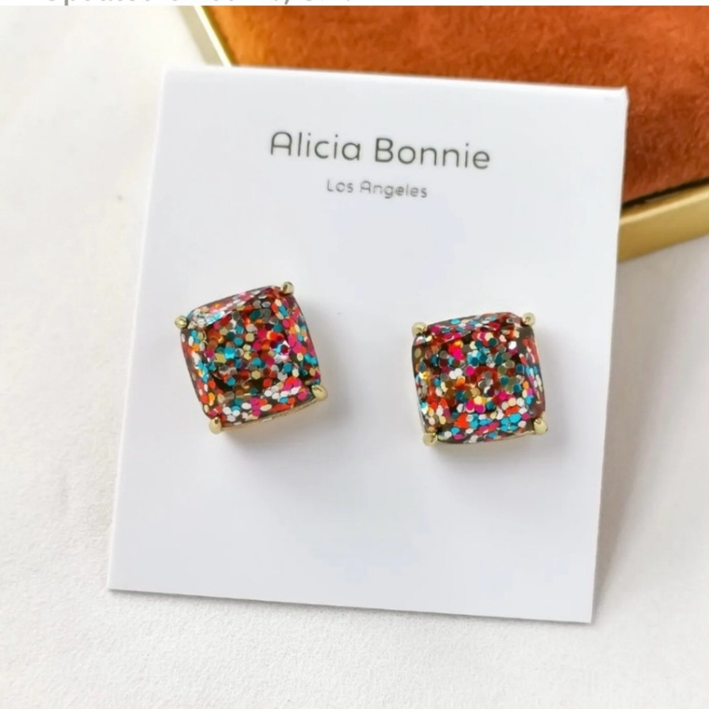 Alicia Bonnie Sugar Cube multicolor glitter post earrings gold plated new in box